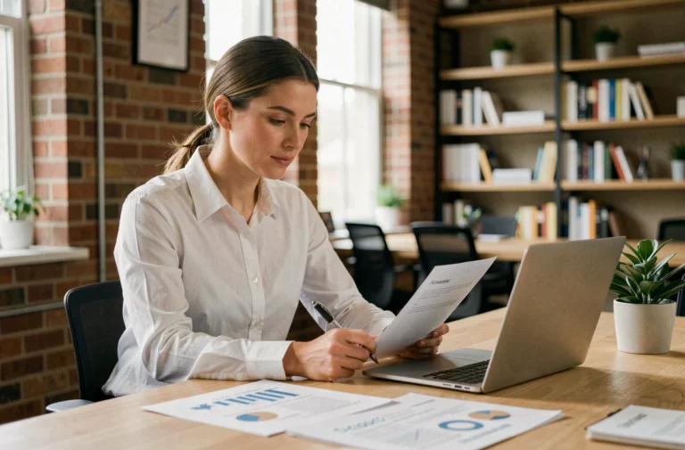 Femme entrepreneur en train d'analyser son plan d'affaires dans un espace de coworking moderne