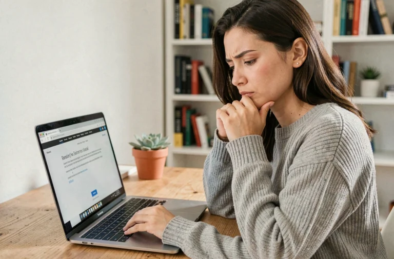 Femme frustrée devant un message d'erreur sur son ordinateur portable, incapable d'accéder à sa messagerie en ligne
