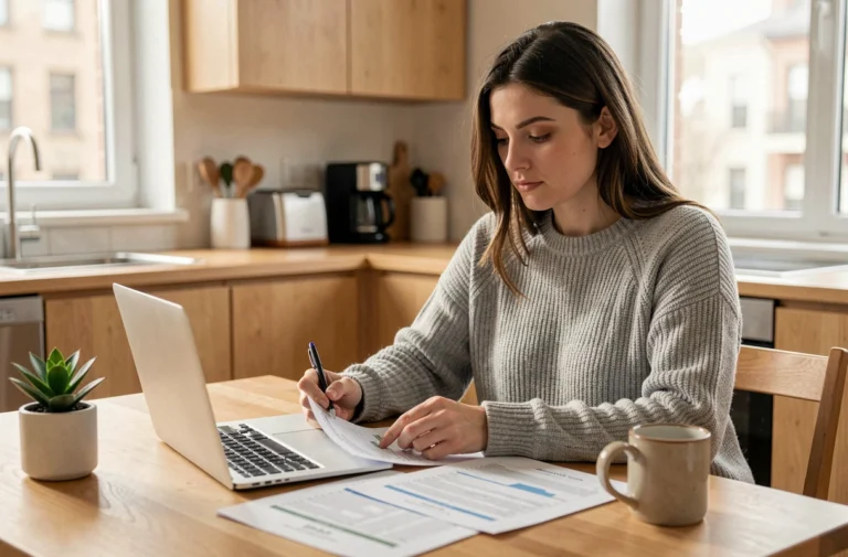 Femme gérant son budget personnel sur un ordinateur portable à une table en bois dans une cuisine moderne