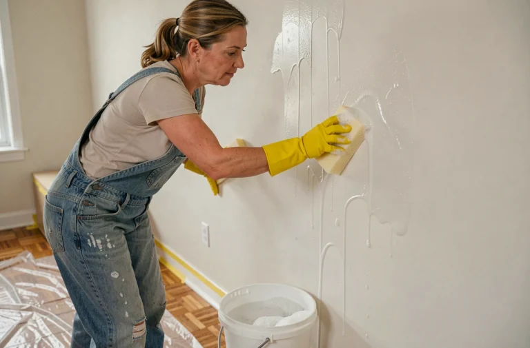 Femme lessivant un mur intérieur avant de peindre avec une éponge et de l'eau savonneuse