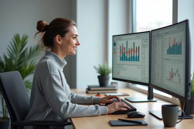 Femme utilisant des logiciels de productivité bureautique sur double écran dans un bureau moderne et épuré