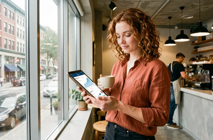 Jeune femme consultant des métriques de marketing digital sur tablette dans un café urbain moderne