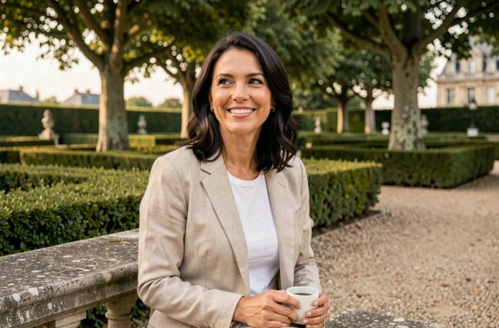 Portrait élégant d'une femme souriante dans un jardin à la française, style éditorial naturel