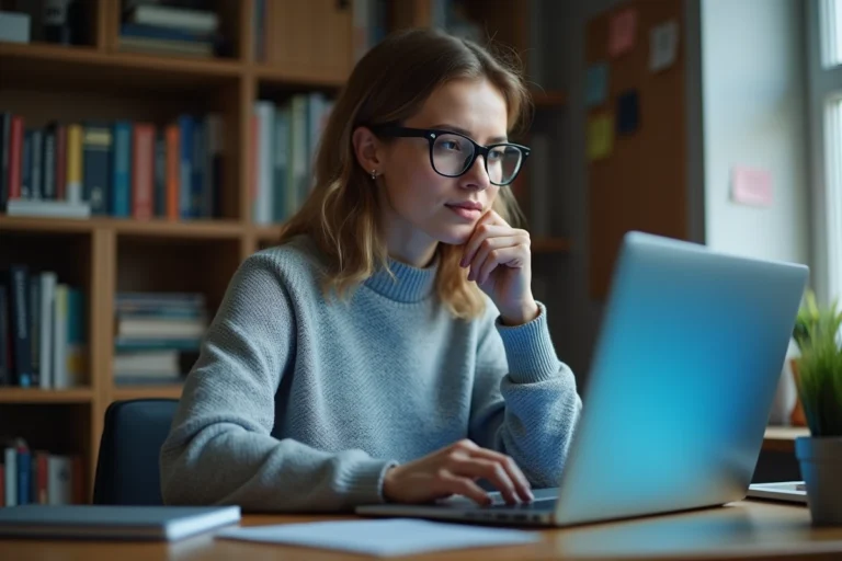Femme utilisant un logiciel antivirus sur son ordinateur portable dans un bureau à domicile bien organisé