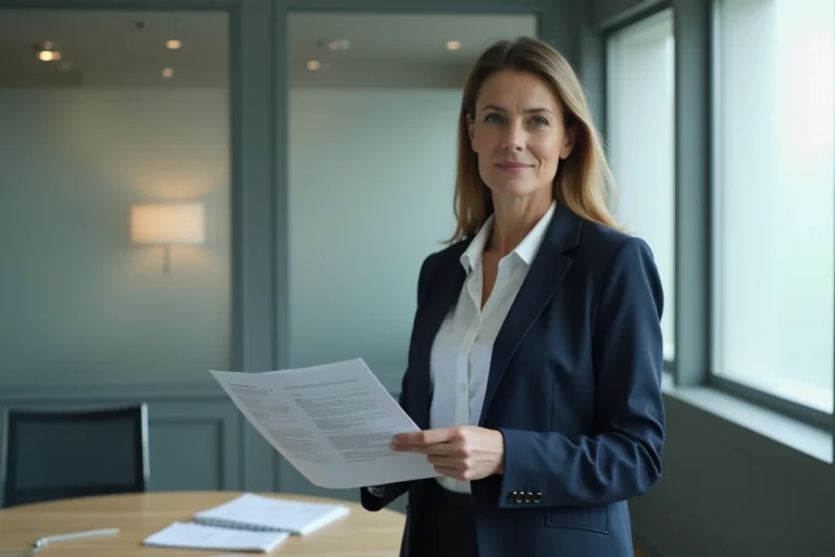 Femme professionnelle en veste marine consultant des documents dans un bureau moderne, symbolisant la protection de la vie privée familiale