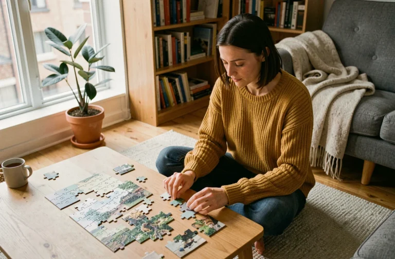 Femme détendue assemblant un puzzle dans un salon cosy aux tons chauds, idée de loisir créatif à la maison