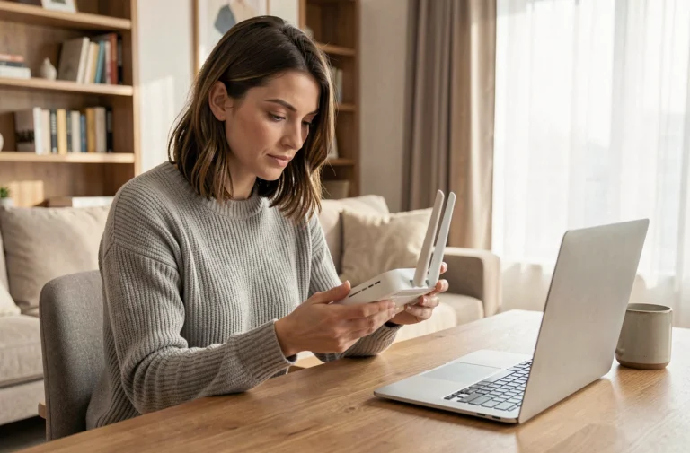 Femme consultant les paramètres de son routeur Wi-Fi à la maison pour améliorer sa connexion Internet
