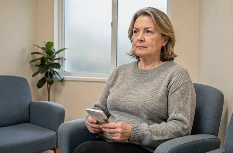 Femme adulte dans une salle d'attente médicale tenant un carnet de santé, illustrant la gestion des maladies et le suivi médical