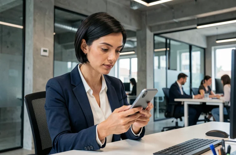 Femme professionnelle explorant un smartphone pliable dans un bureau tech moderne, tendances innovations numériques