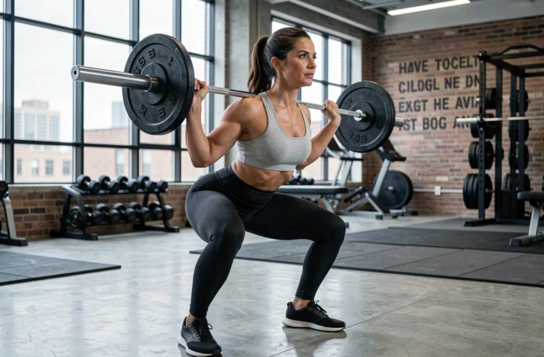 Femme en tenue de sport effectuant un squat avec barre dans une salle de fitness moderne aux sols en béton poli