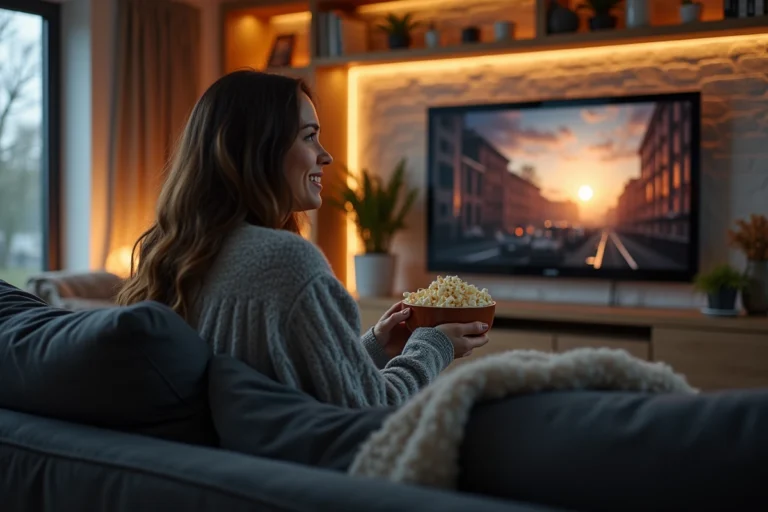 Jeune femme regardant un film en streaming sur sa télévision depuis son canapé avec un bol de popcorn