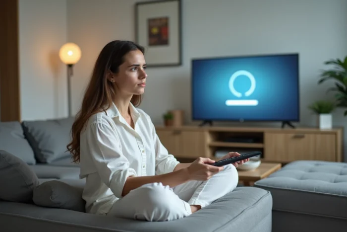 Femme regardant un téléviseur affichant un message d'erreur de lecture vidéo en streaming