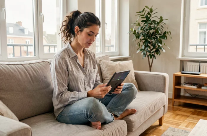 Jeune femme effectuant un test de débit internet sur sa tablette depuis son salon pour vérifier sa connexion