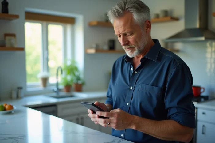 Homme gérant son compte utilisateur en ligne depuis son smartphone dans une cuisine moderne