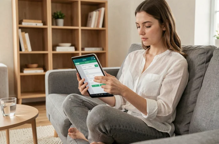 Jeune femme gérant son espace personnel Arkevia sur une tablette depuis son salon