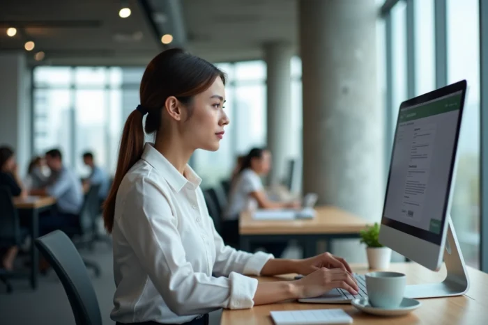 Professionnelle gérant son profil de compte en ligne sur un ordinateur de bureau dans un open space