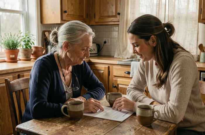 Une grand-mère et sa fille adulte consultent ensemble une liste de conseils à la table de la cuisine, dans une atmosphère chaleureuse et familiale.