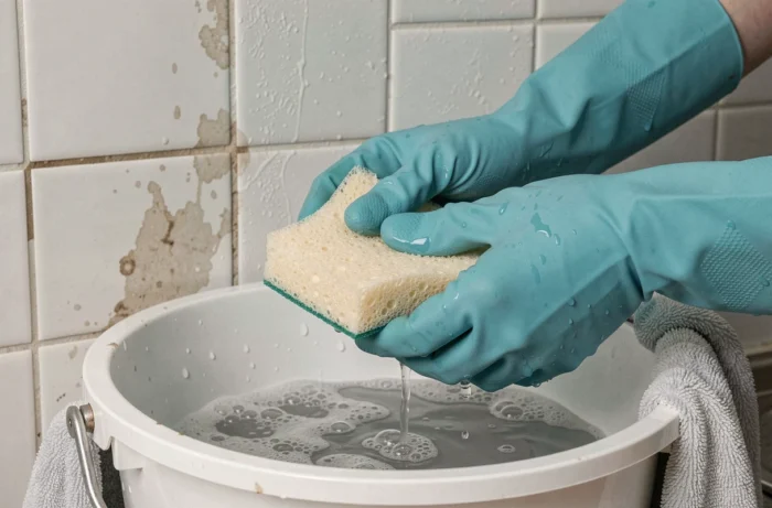 Gros plan de mains gantées essorant une éponge lors du lessivage d'un mur de cuisine avant peinture