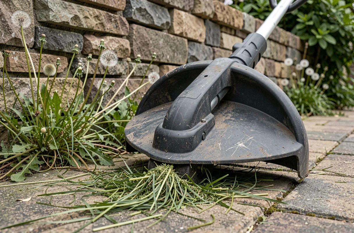 Gros plan sur la tête de coupe d'un rotofil thermique posé contre un mur de jardin en pierre