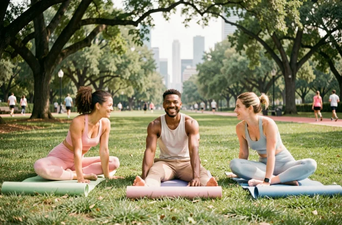 Groupe de trois adultes en tenue de sport faisant des étirements ensemble sur des tapis de yoga dans un parc urbain en plein air
