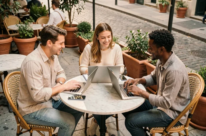 Groupe de jeunes entrepreneurs collaborant autour d'une table en terrasse dans un cadre urbain parisien