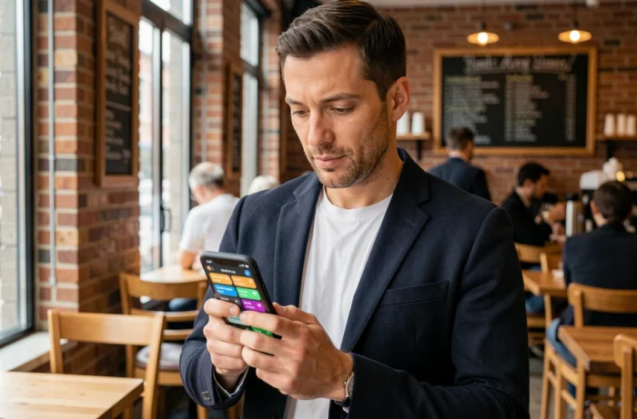 Homme d'affaires lisant les dernières actualités et tendances du web sur son smartphone dans un café urbain