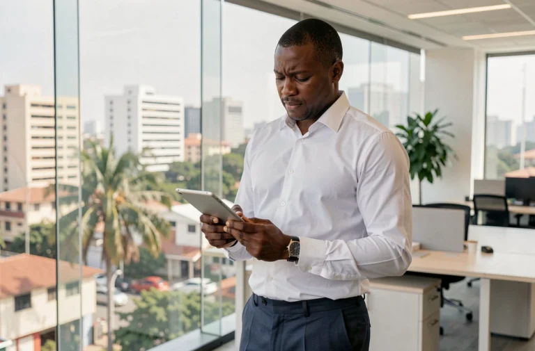 Homme d'affaires ivoirien consultant une tablette devant un bureau moderne à Abidjan, illustrant les stratégies pour réussir en Côte d'Ivoire