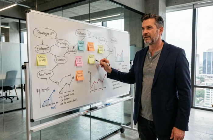 Homme d'affaires présentant une stratégie de développement sur un tableau blanc dans un bureau de startup