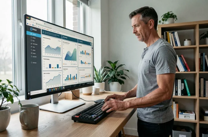 Homme travaillant sur plusieurs outils numériques de productivité sur un grand écran dans un bureau à domicile bien organisé
