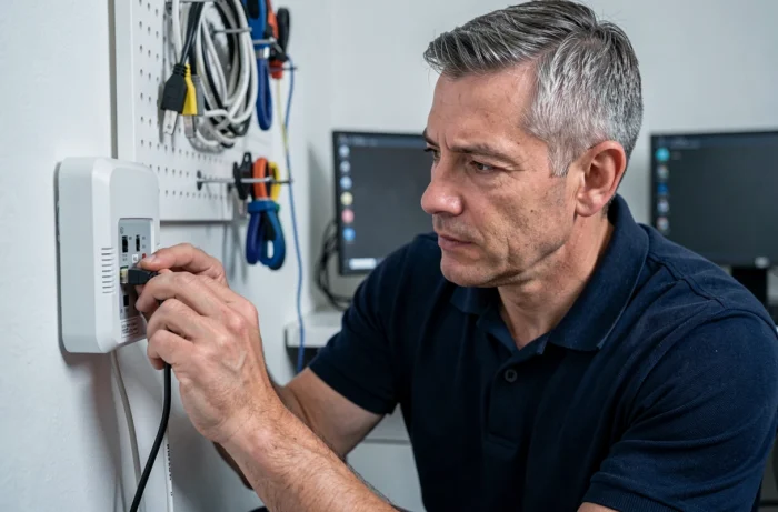 Homme branchant un câble ethernet sur une box internet fibre optique pour optimiser sa connexion