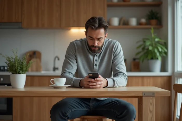 Homme consulant discrètement son téléphone dans une cuisine familiale, illustrant la protection de la vie privée du compagnon d'une personnalité médiatique