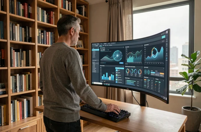 Homme travaillant sur un écran incurvé avec interface intelligence artificielle dans un bureau à domicile moderne