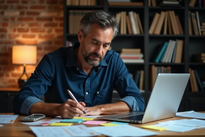 Homme analysant un tableau de gestion de projet sur ordinateur portable dans un bureau à domicile avec mur en briques