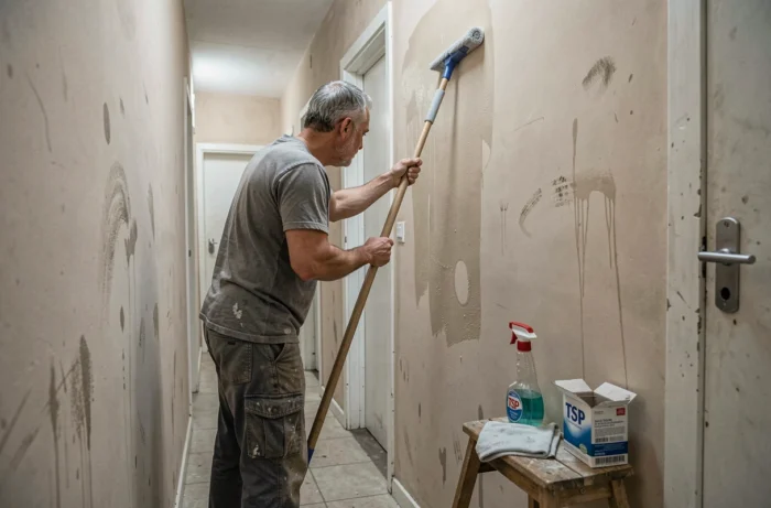 Homme utilisant un balai-éponge pour lessiver les murs d'un couloir avant travaux de peinture