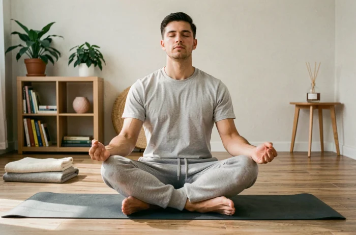 Jeune homme en train de méditer chez lui sur un tapis de yoga dans le cadre d'une routine de bien-être et de gestion des maladies chroniques