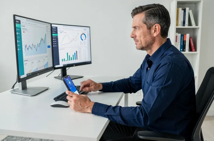 Homme consultant des graphiques financiers sur double écran dans un bureau minimaliste à domicile