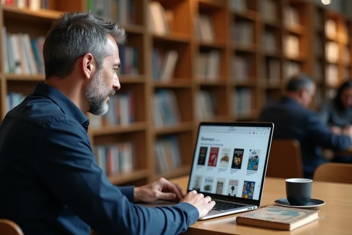 Homme consultant une plateforme légale de téléchargement d'ebooks en français sur ordinateur portable en bibliothèque publique