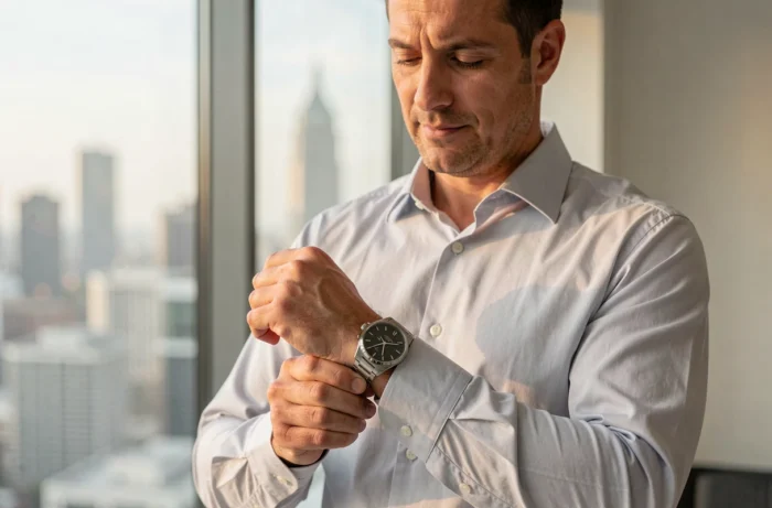 Homme portant une montre Certus au poignet près d'une fenêtre avec vue urbaine en arrière-plan