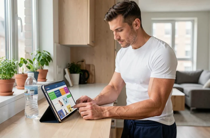 Homme athlétique consultant un programme de fitness innovant sur tablette dans une cuisine moderne au style scandinave
