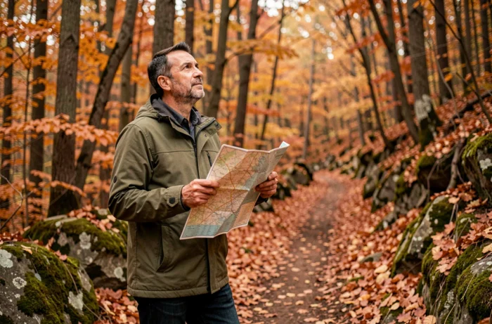 Homme en randonnée en forêt automnale tenant une carte papier, activité de plein air et loisir nature toute l'année