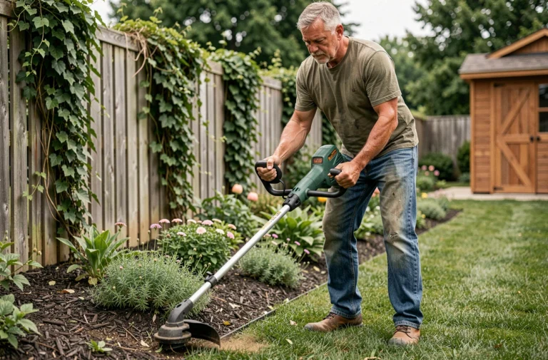 Homme utilisant un rotofil électrique pour border les massifs de son jardin