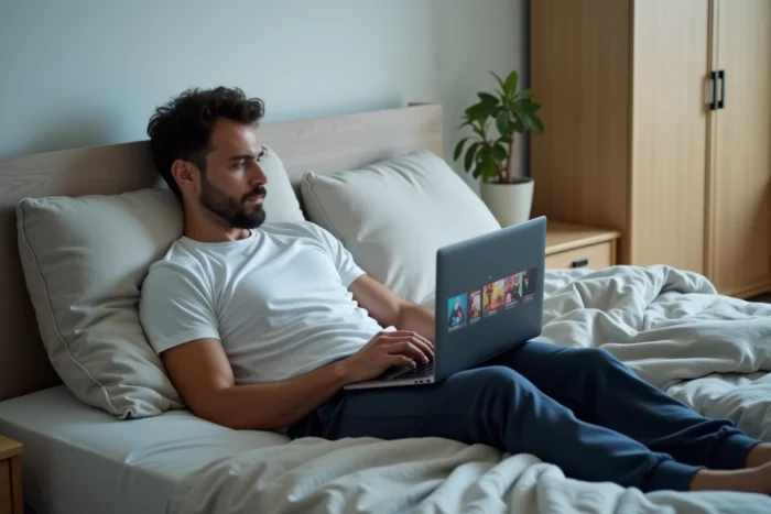 Homme regardant un film en streaming sur son ordinateur portable allongé sur son lit