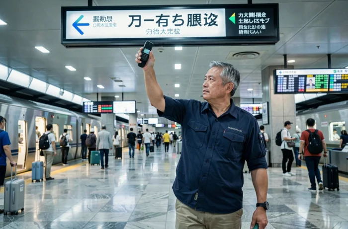 Voyageur masculin consultant un traducteur hors ligne dans une gare japonaise animée