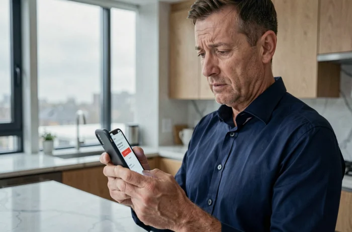 Homme consultant un site de vérification de statut de service en ligne sur son smartphone dans une cuisine moderne