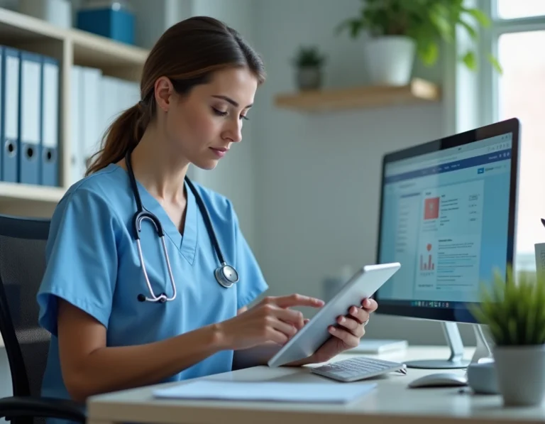 Infirmière saisissant des données de soins sur tablette numérique dans un bureau de gestion d'établissement médico-social