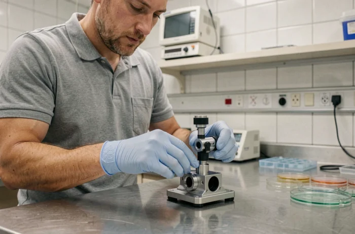 Ingénieur biomédical manipulant un prototype de robot chirurgical dans un laboratoire high-tech, symbole des avancées technologiques en médecine