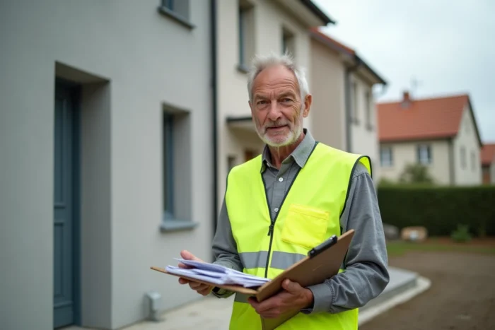 Inspecteur vérifiant la conformité extérieure d'une maison neuve lors d'un contrôle officiel