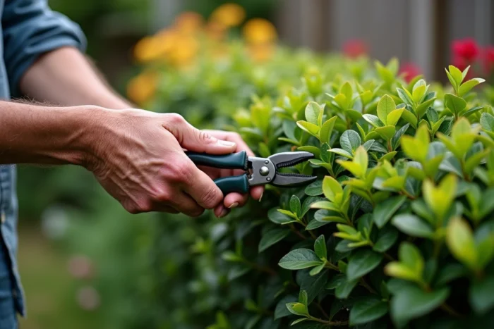 Gros plan sur des mains de jardinier expérimenté inspectant l'intérieur d'une haie de troène fraîchement taillée avec un sécateur