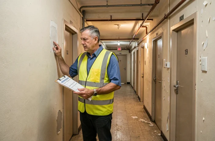Inspecteur immobilier examinant l'état d'un immeuble résidentiel pour contrôler le sérieux d'une entreprise de logement