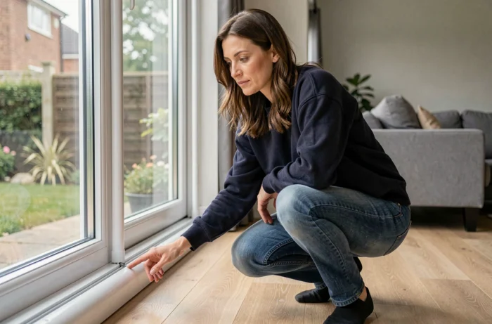 Femme inspectant le joint de mastic ou silicone en bas d'une fenêtre PVC dans un salon moderne
